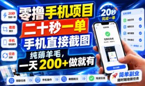 零撸手机项目，二十秒一单，手机直接截图，纯薅羊毛，一天200+做就有【揭秘】-KJ分享