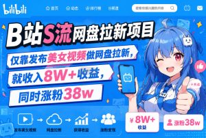 B站S流网盘拉新项目，仅靠发布美女视频做网盘拉新，就收入8W+收益，同时涨粉38w-KJ分享