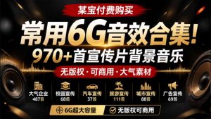 某宝付费购买,常用6G音效合集!970+首宣传片背景音乐,无版权可商用大气素材,分类清晰,高质量内容-KJ分享