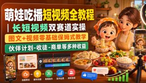 萌娃吃播短视频全教程｜长短视频双赛道实操，图文+视频零基础保姆式教学，伙伴计划-收徒-商单等多种变现方式-KJ分享