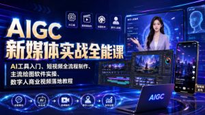 AIGC新媒体实战全能课｜AI工具入门、短视频全流程制作、主流绘图软件实操、数字人商业视频落地教程-KJ分享