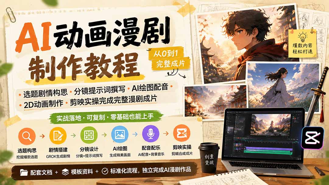 AI动画漫剧制作教程｜选题剧情构思·分镜提示词撰写·AI绘图配音·2D动画制作·剪映实操完成完整漫剧成片-KJ分享