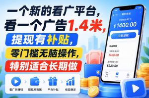 一个新的看广平台,看一个广告1.4米,提现有补贴,零门槛无脑操作,特别适合长期做【揭秘】-KJ分享