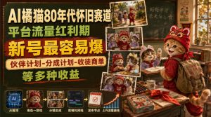 AI橘猫80年代怀旧赛道，平台流量红利期，新号最容易爆，伙伴计划-分成计划-收徒商单等多种收益-KJ分享