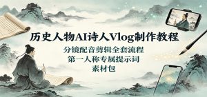 历史人物AI诗人Vlog制作教程：分镜配音剪辑全套流程，第一人称专属提示词素材包-KJ分享