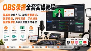 OBS录播全套实操教程｜零基础软件入门、精细参数调试、绿幕抠像、手机投屏、虚拟摄像机多平台直播落地课程-KJ分享