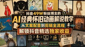 抖音49W粉丝博主的AI经典怀旧动画解说教学,从文案配音到剪辑全流程,解锁抖音精选独家收益-KJ分享