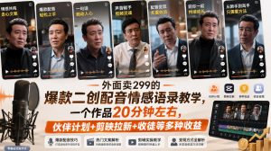 外面卖299的爆款二创配音情感语录教学，一个作品20分钟左右，伙伴计划+剪映拉新+收徒等多种收益-KJ分享