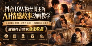 抖音10W粉丝博主的AI情感故事动画教学，灵感剧本‑分镜‑人物声画统一‑剪辑封面全流程，解锁抖音精选独家收益-KJ分享