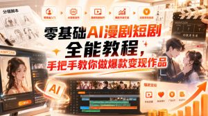 零基础AI漫剧短剧全能教程,从AI智能体搭建、文案脚本分镜、多平台AI生视频、剪映精修,覆盖全题材创作,手把手教你做爆款变现作品-KJ分享