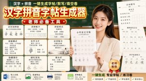 学习神器,汉字拼音字帖生成器,汉字+拼音 一键生成字帖/默写/填空卷,支持词组、成语,老师、家长必备-KJ分享