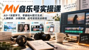 AI MV音乐号实操课，从0-1深度学习，零基础AI图文生成、人像精修、分镜剪辑、起号变现实战教程-KJ分享