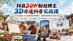 抖音20W粉丝博主3D非遗科普实战课：从文化选题、AI文案到画面视频制作，跑通短视频创作全流程-KJ分享