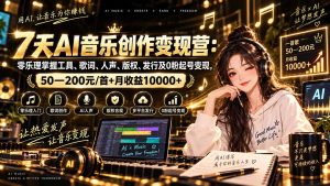 AI音乐创作变现营：零乐理掌握工具、歌词、人声、版权、发行及0粉起号变现，50—200元/首+月收益10000+-KJ分享