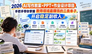 2026 AI写作教案+PPT+作业设计项目，手把手带你掌握教师领域最賺钱的三类单子，开启稳定副收入-KJ分享