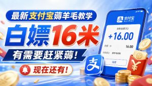 最新支付宝薅羊毛教学，白嫖16米，有需要赶紧薅，现在还有！-KJ分享