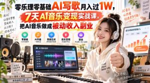 零乐理零基础AI写歌月入过1W,7天AI音乐变现实战课,把AI音乐做成被动收入副业-KJ分享