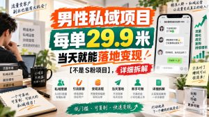 男性私域项目，每单29.9米，当天就能落地变现【不是S粉项目】，详细拆解-KJ分享