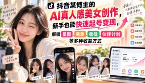 抖音某博主的AI真人感美女创作,新手也能快速起号变现,解锁星图,商单,收徒,伙伴计划等多种收益方式-KJ分享