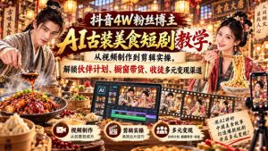 抖音4W粉丝博主AI古装美食短剧教学,从视频制作到剪辑实操,解锁伙伴计划、橱窗带货、收徒多元变现渠道-KJ分享