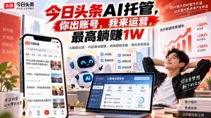 今日头条AI托管，你出账号，我来运营，最高躺賺1W【揭秘】-KJ分享