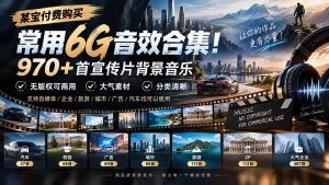 某宝付费购买,常用6G音效合集!970+首宣传片背景音乐,无版权可商用大气素材,分类清晰-KJ分享