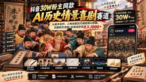 抖音30W粉博主同款AI历史情景喜剧赛道:从剧本创作、人物场景到分镜视频与剪辑,完整制作流程+多渠道变现日入1000+-KJ分享