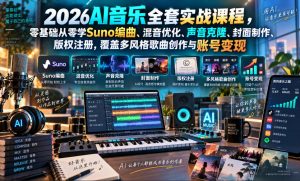 2026AI音乐实战课程，零基础从零学Suno编曲、混音优化、声音克隆、版权注册，覆盖多风格歌曲创作与账号变现(更新0924)-KJ分享