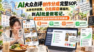 【无水印】AI大众点评创作分成完整SOP，从养号开权限、0元探店薅福利，到AI批量做笔记，新手可直接落地的稳定轻副业-KJ分享