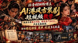 抖音48W粉博主AI港风古装剧短视频教学,配套全套提示词包、视觉资产SKILL、声音克隆教程,解锁精选独家、商单、收徒多元收益-KJ分享