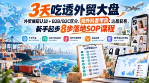 3天吃透外贸大盘,外贸底层认知+B2B/B2C区分、海外抖音带货、选品获客,新手起步8步落地SOP课程-KJ分享