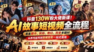 抖音130W粉大佬新课！AI故事短视频全流程，覆盖都市、民俗、奇幻、历史多题材，从养号起号到剪辑变现一站式落地-KJ分享