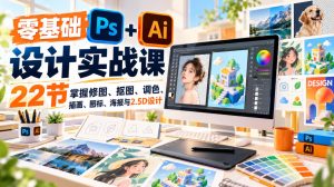 【无水印】零基础PS+AI设计实战课|22节掌握修图、抠图、调色、插画、图标、海报与2.5D设计-KJ分享