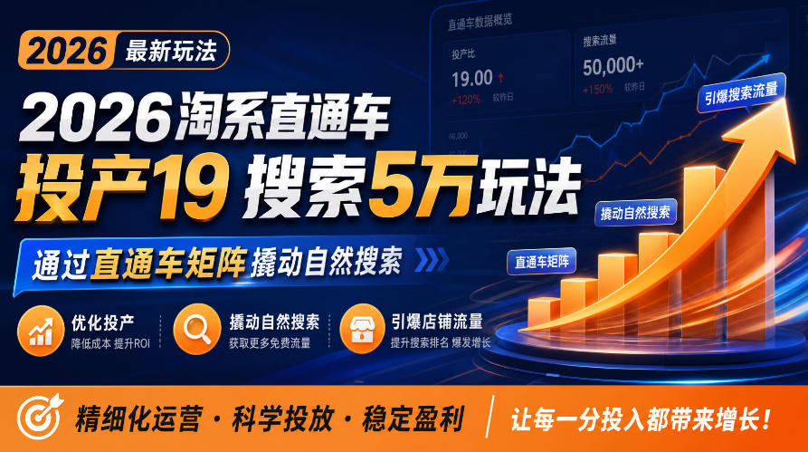 2026淘系直通车投产19搜索5万玩法，通过直通车矩阵撬动自然搜索，帮助商家优化投产，引爆店铺搜索流量-KJ分享