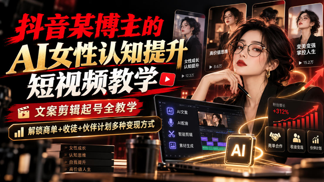抖音某博主的Ai女性认知提升短视频教学，文案剪辑起号全教学，解锁商单+收徒+伙伴计划多种变现方式-KJ分享