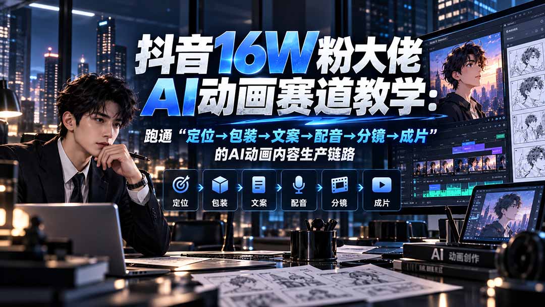 抖音16W粉大佬规则门禁AI动画赛道教学：跑通“定位→包装→文案→配音→分镜→成片”的AI动画内容生产链路-KJ分享