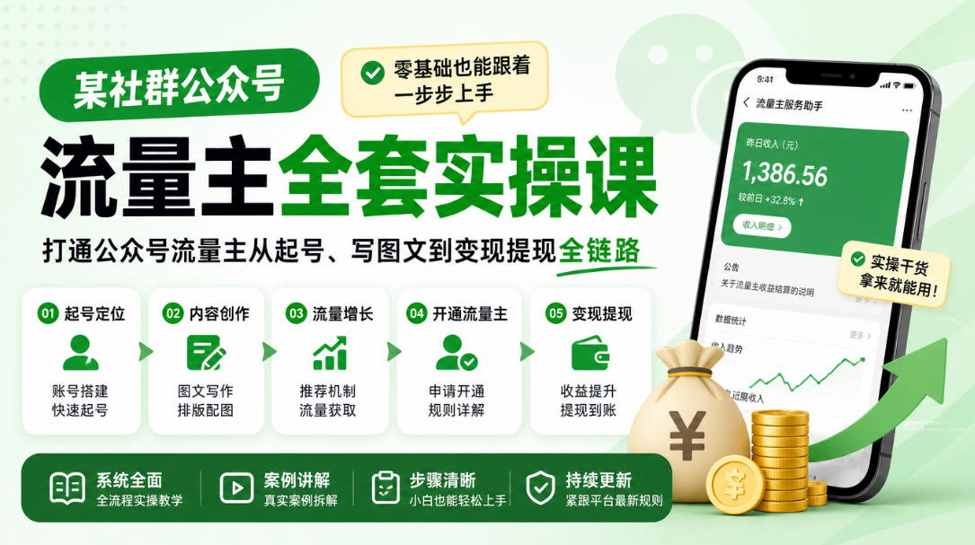 某社群公众号流量主全套实操课，零基础也能跟着一步步上手，打通公众号流量主从起号、写图文到变现提现全链路-KJ分享