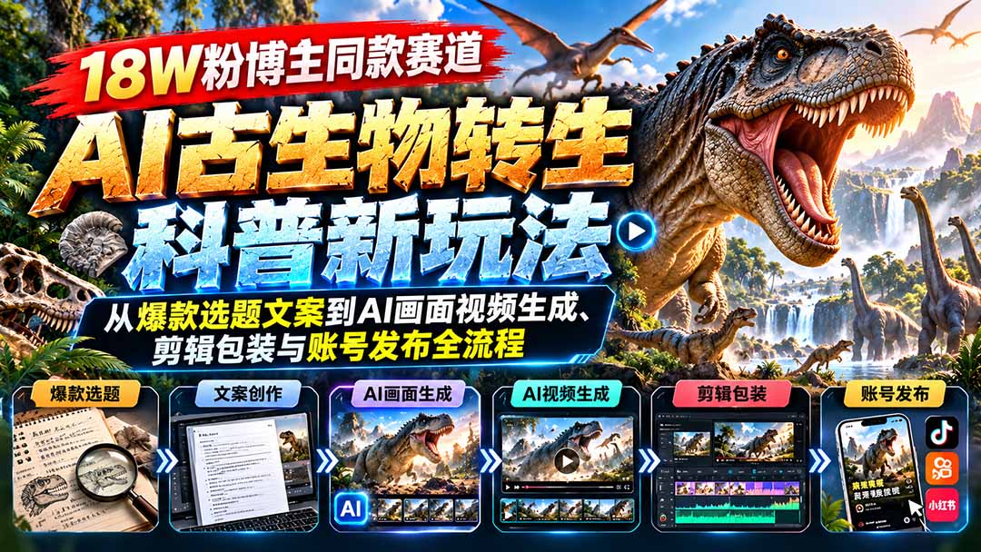 18W粉博主同款赛道-AI古生物转生科普新玩法：从爆款选题文案到AI画面视频生成、剪辑包装与账号发布全流程-KJ分享