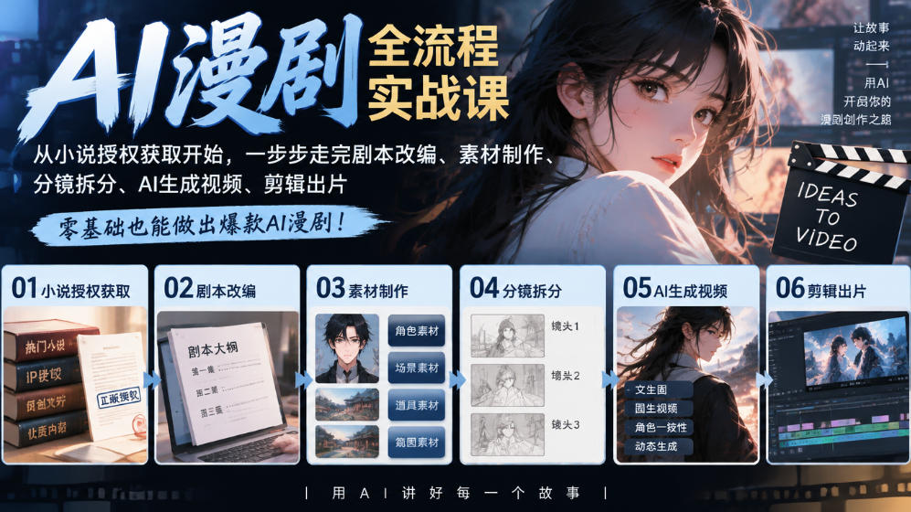 AI漫剧全流程实战课｜从小说授权获取开始，一步步走完剧本改编、素材制作、分镜拆分、AI生成视频、剪辑出片全流程-KJ分享