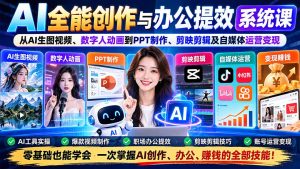 AI全能创作与办公提效系统课：从AI生图视频、数字人动画到PPT制作、剪映剪辑及自媒体运营变现-KJ分享