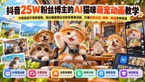 抖音25W粉丝博主的AI猫咪萌宠动画教学，不用实拍不用养宠物，用AI就能做出治愈系萌宠动画，打通伙伴计划、商单、收徒多种收益-KJ分享