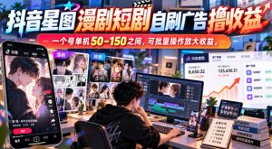抖音星图漫剧短剧自刷广告撸收益，一个号单机50-150之间，可批量操作放大收益-KJ分享