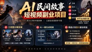 AI民间故事短视频副业项目，多平台流量分成，三视图分镜实操，精选计划放大副业收益-KJ分享