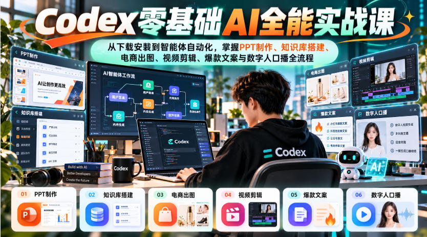 Codex零基础AI全能实战课：从下载安装到智能体自动化，掌握知识库搭建、电商出图、视频剪辑、爆款文案与数字人口播全流程-KJ分享