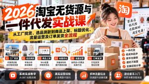 2026淘宝无货源与一件代发实战课：从工厂找货、选品测款到商品上架、标题优化、流量运营及订单发货全流程-KJ分享