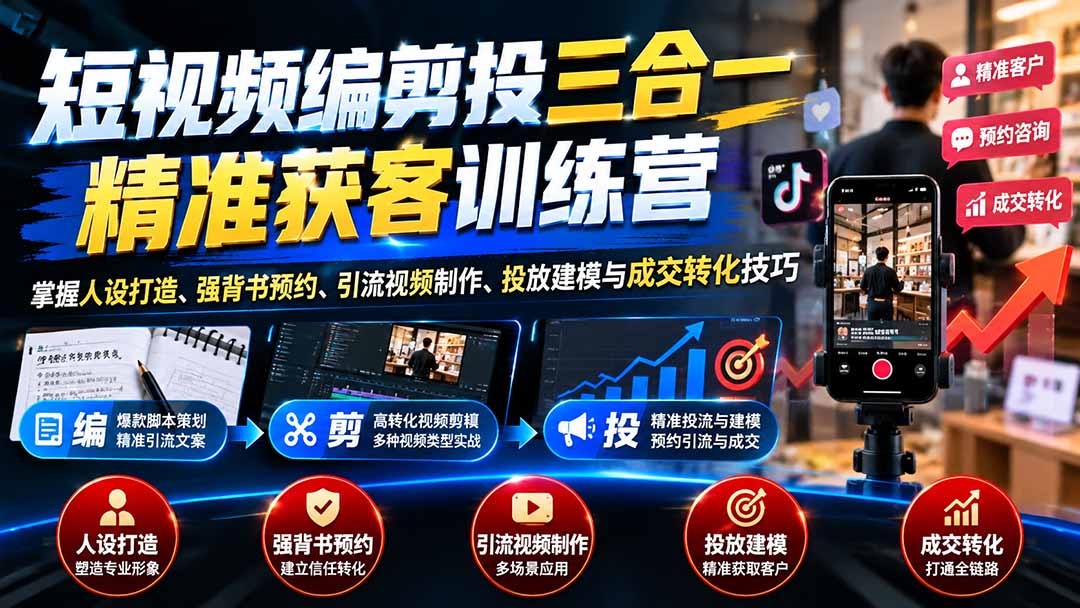 短视频编剪投三合一精准获客训练营：掌握人设打造、强背书预约、引流视频制作、投放建模与成交转化技巧-KJ分享