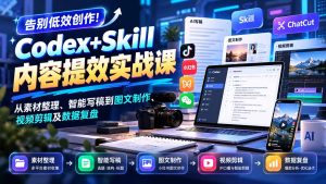 【无水印】告别低效创作！Codex+Skill内容提效实战课：从素材整理、智能写稿到图文制作、视频剪辑及数据复盘-KJ分享